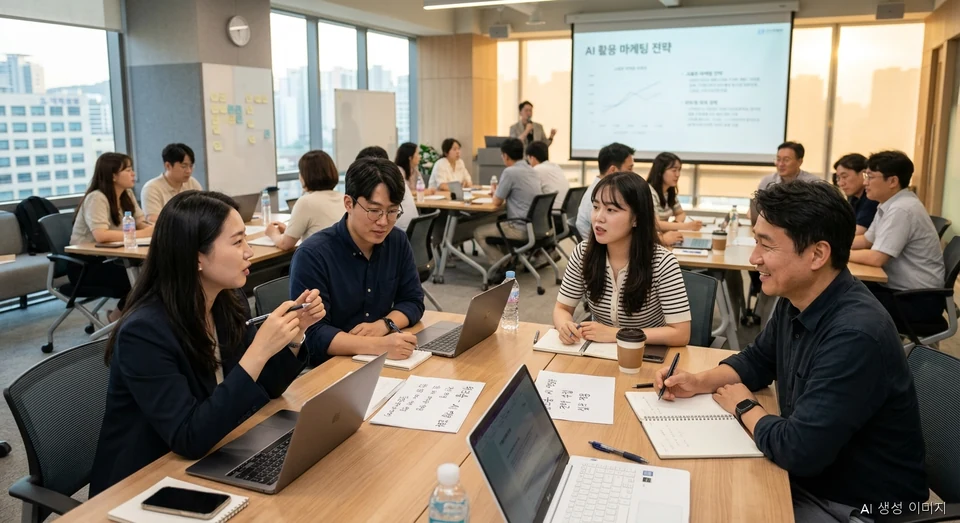 주말 직업훈련 교육 과정에 참여하여 직무 역량을 개발하는 중소기업 재직자들 (AI 생성 이미지)